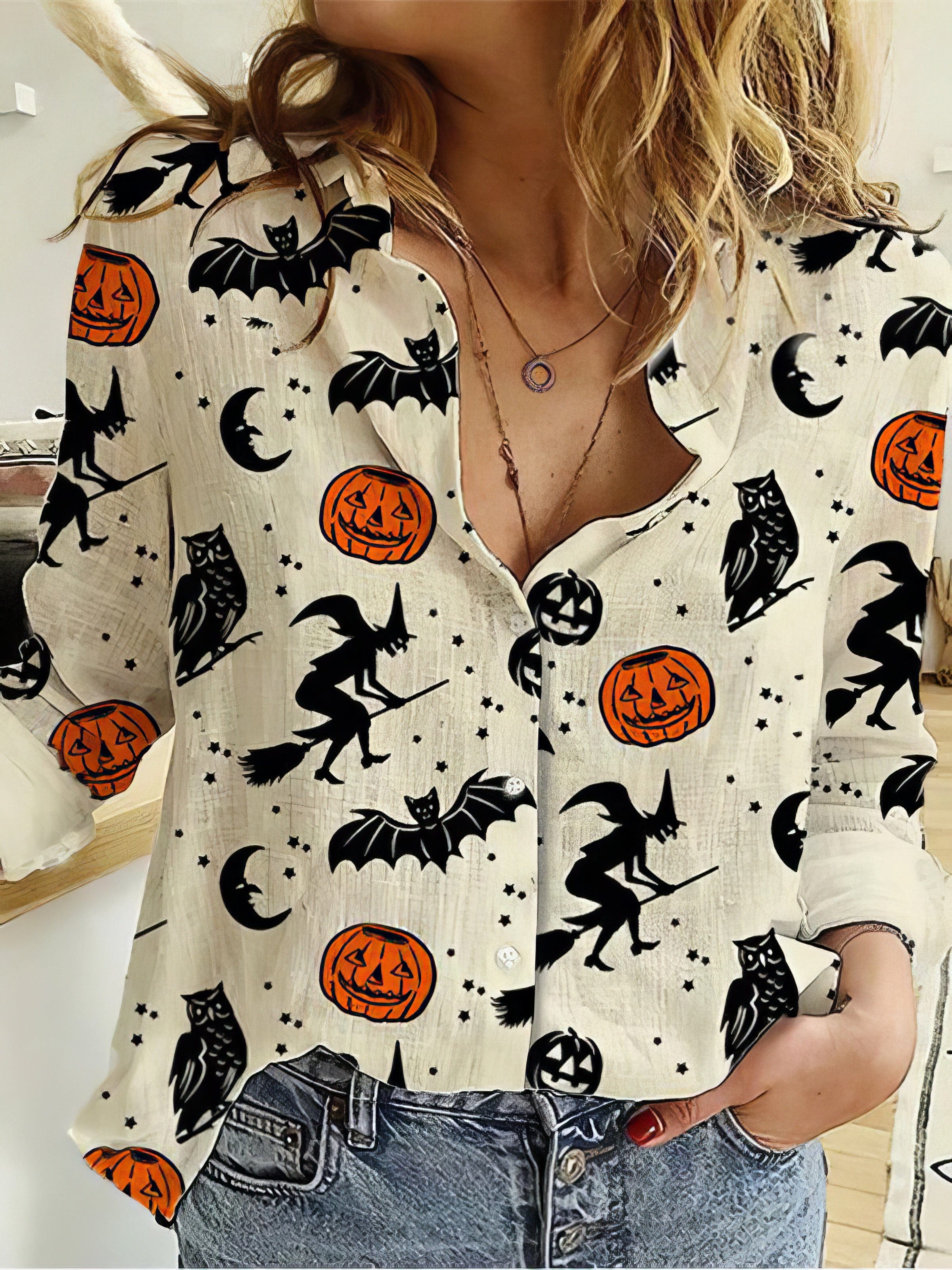 Witch Bat Pumpkin Print Long Sleeve Blouses