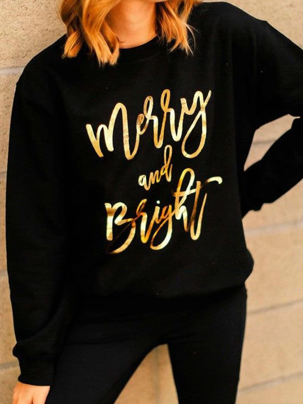 Merry & Bright Black Letter Print Sweater with Round Neck