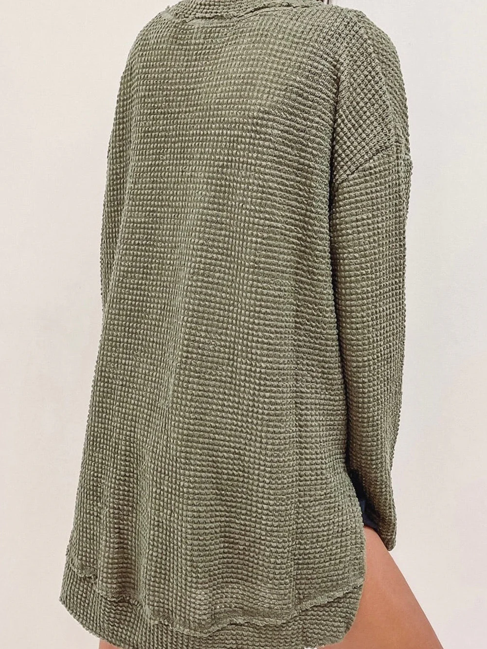 Textured Moss Green Plus Size Waffle Knit Top with Long Sleeves