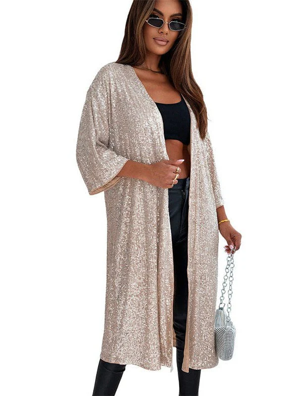 Sequined Three-Quarter Sleeve Cardigan With Casual Style And Long Length