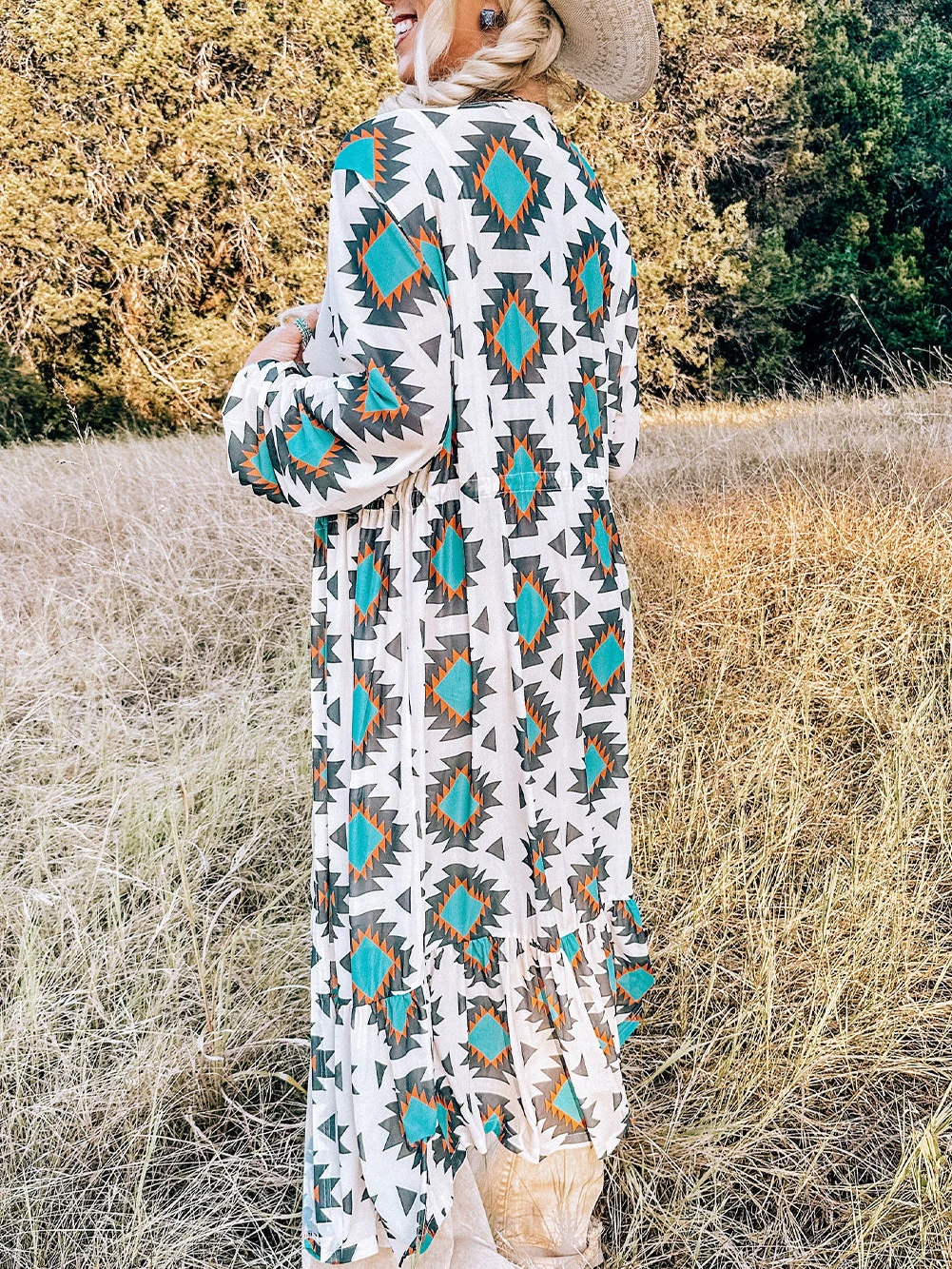 Western Aztec Print White Duster Kimono Cardigan