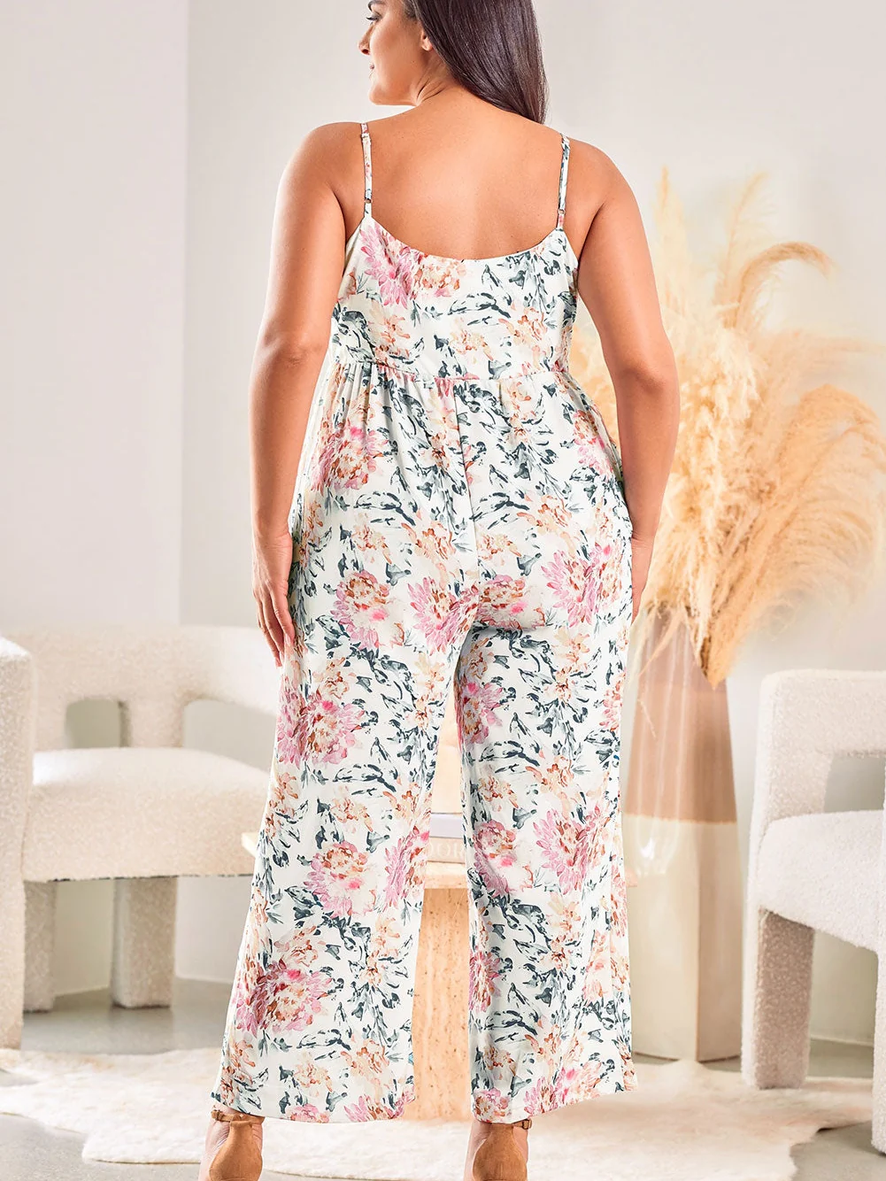 White Plus Size Floral Print Sleeveless Wide Leg Jumpsuit