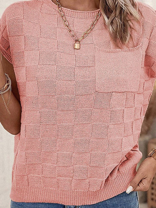 Vogue Wool Vest In Plain Checkerboard Design And Casual Pullover Style For Ladies