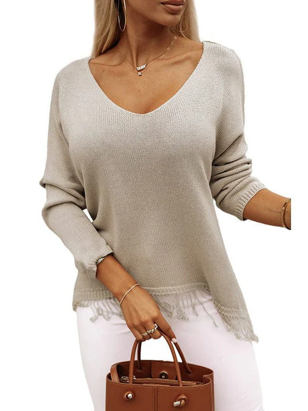 Women'S V-Neck Off-Shoulder Loose Sweater With Tassel Details