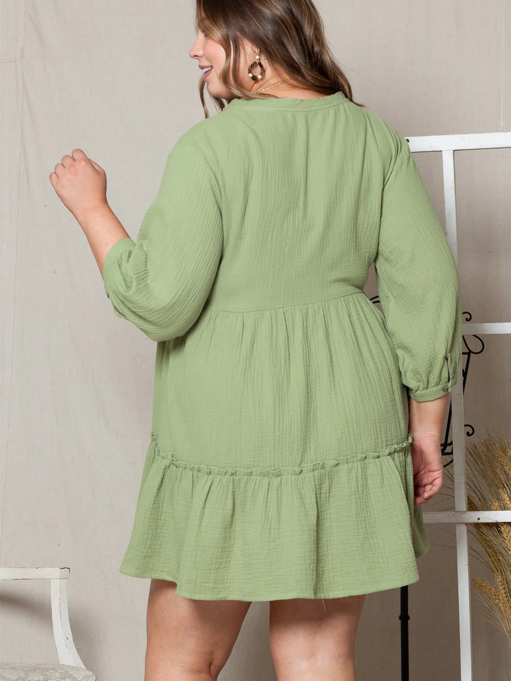 Green Textured Ruffled Buttoned V Neck Plus Size Mini Dress