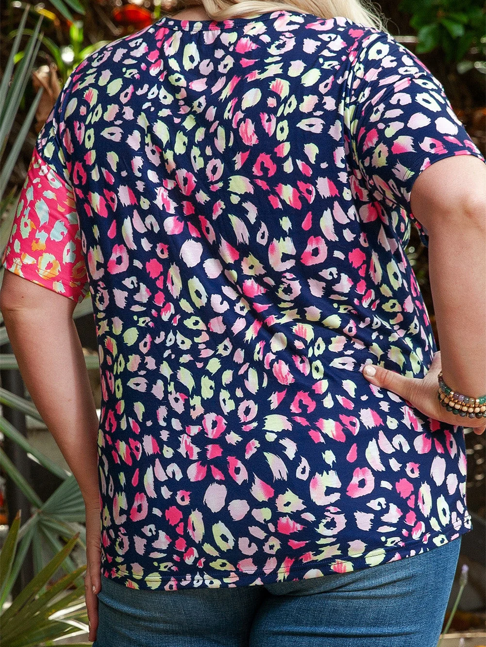 Leopard Patchwork Crew Neck Plus Size Tee