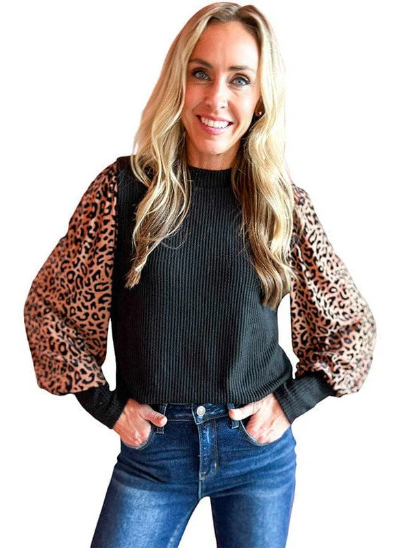 Women'S Loose Fit Leopard Print Knit Pullover With Round Neck And Casual Style Top
