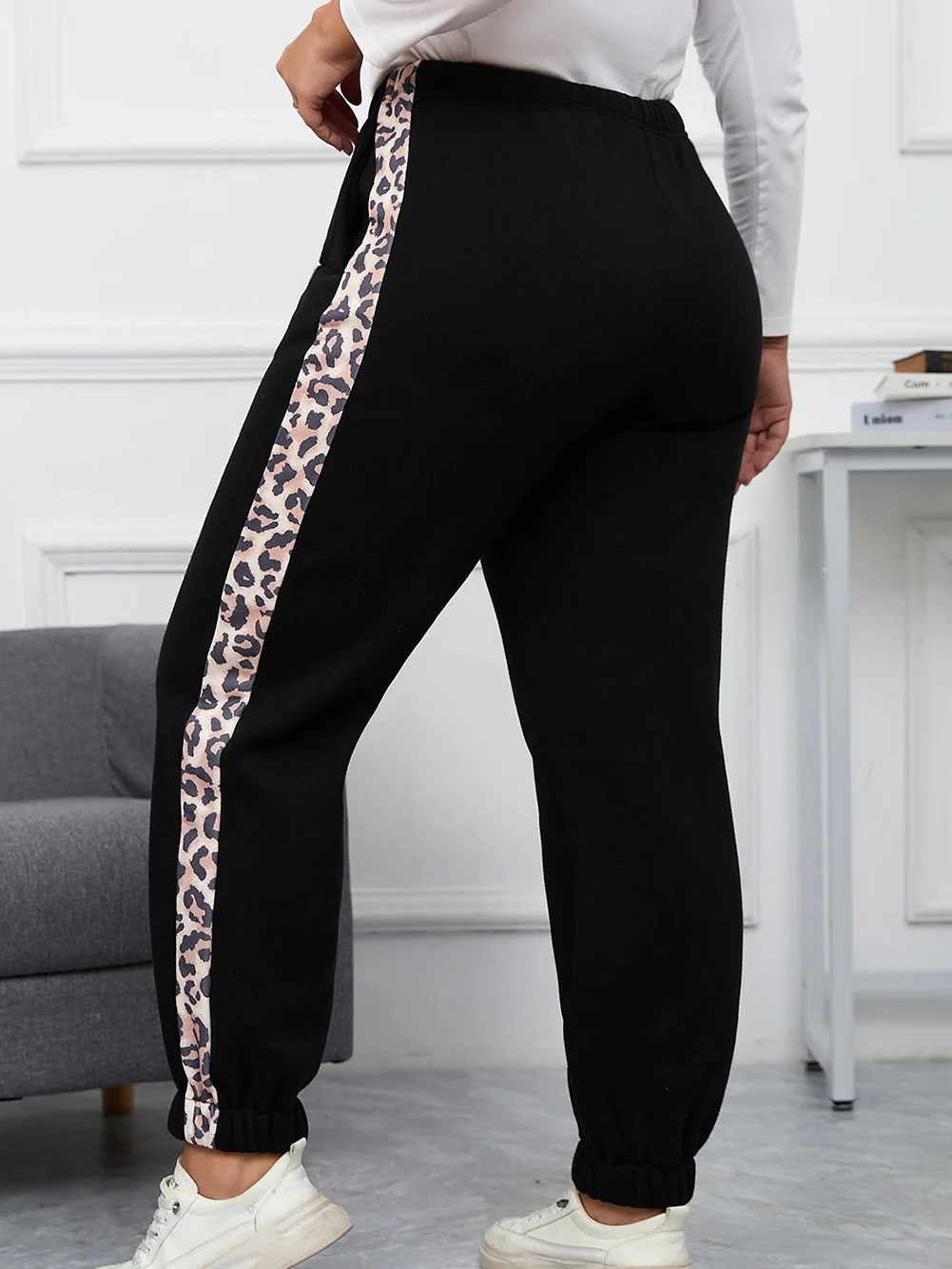 Leopard Patchwork High Waist Joggers for Plus Size Women