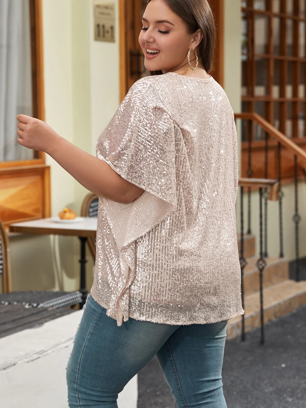 Apricot Plus Size Sequined V Neck Boxy Top