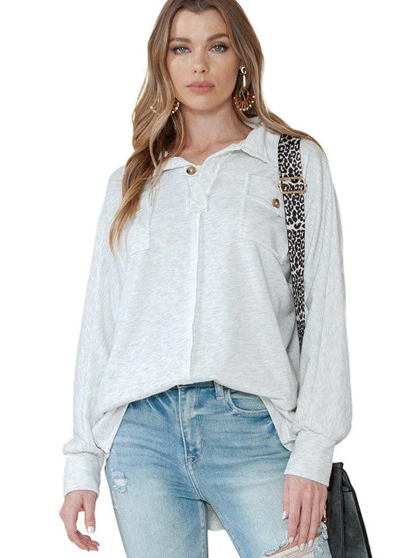 Versatile Gray Pullover With Lapel Collar Women'S Casual Sweatshirt