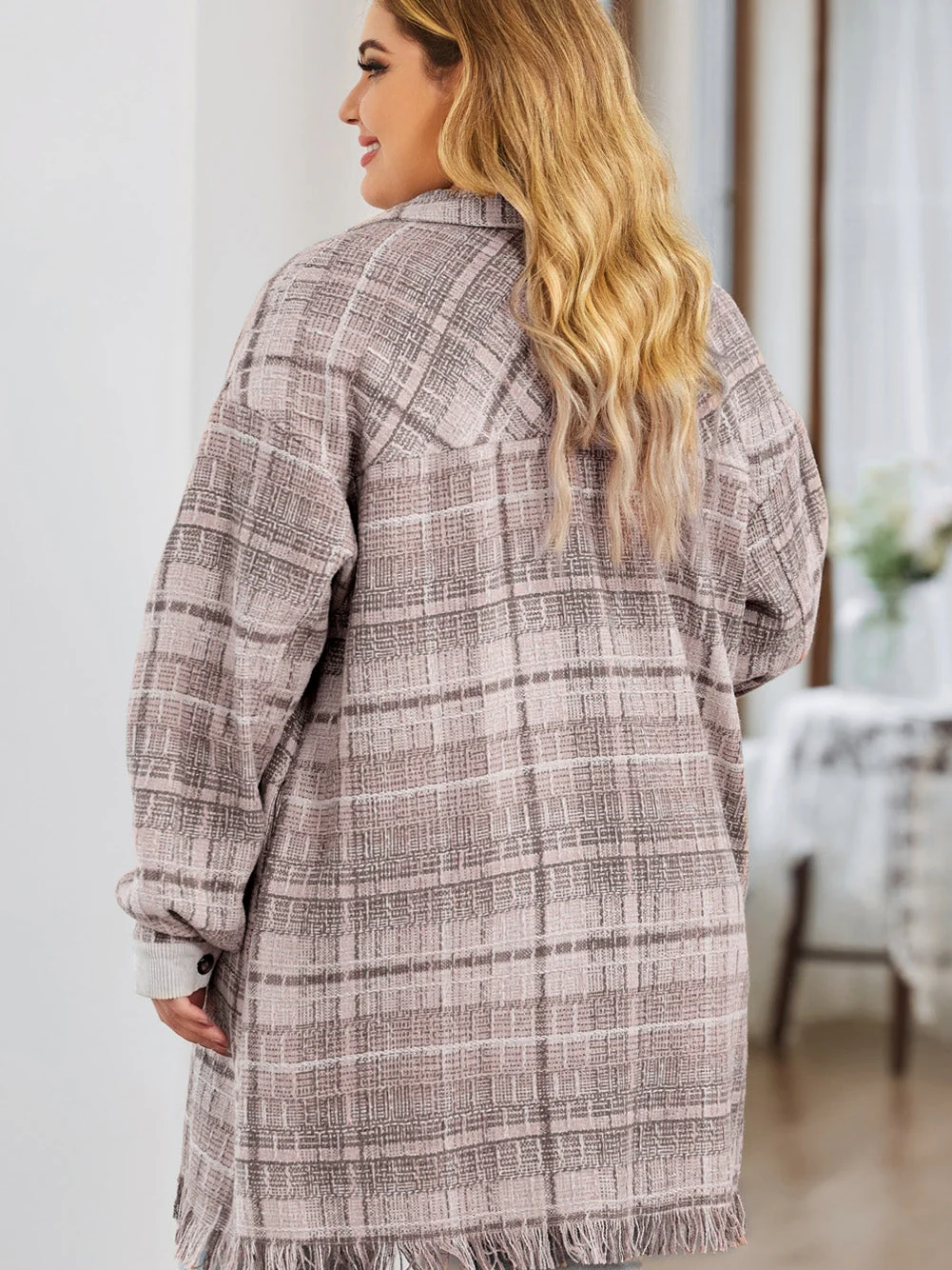 Pink Plus Size Macrame Plaid Coat