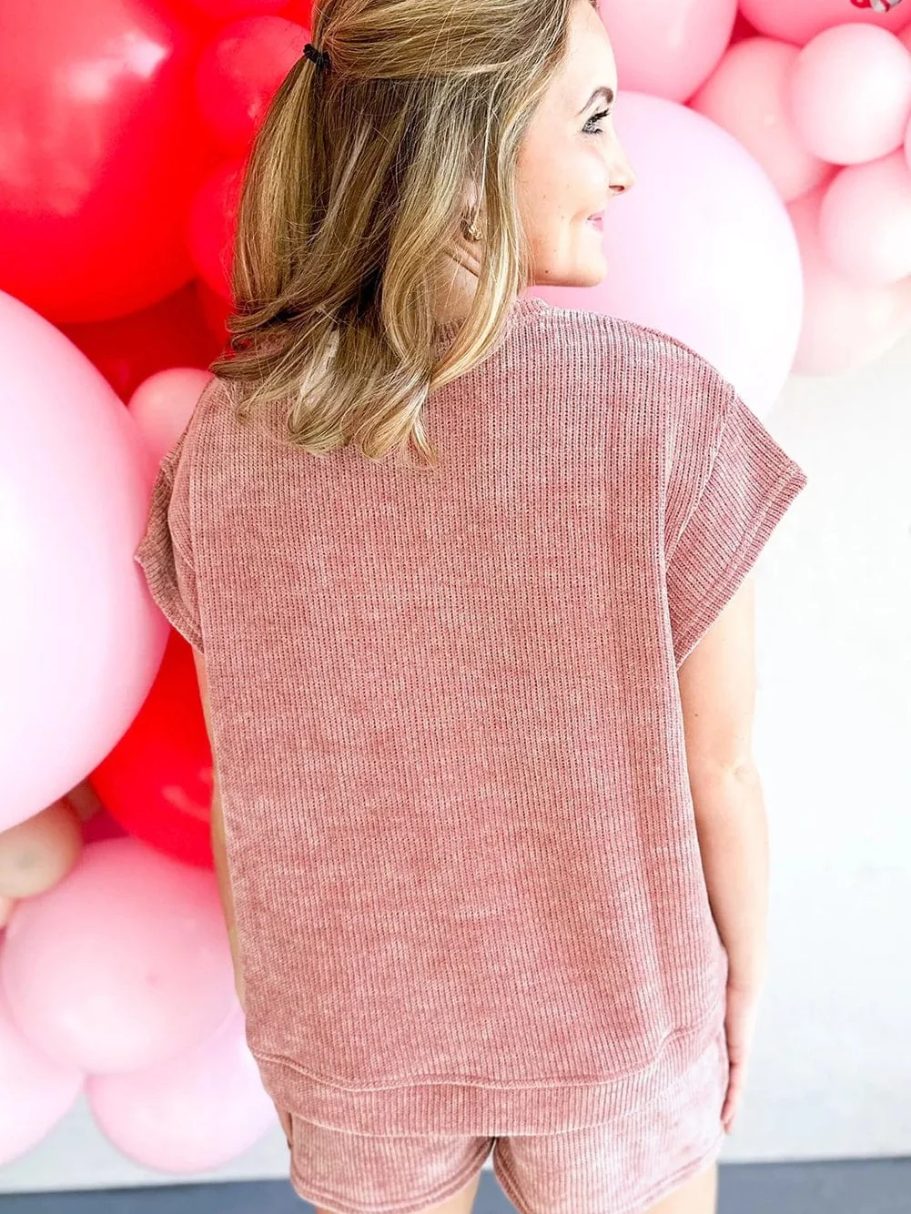 Rose Pink Cozy Ribbed Two-Piece Set with Shorts