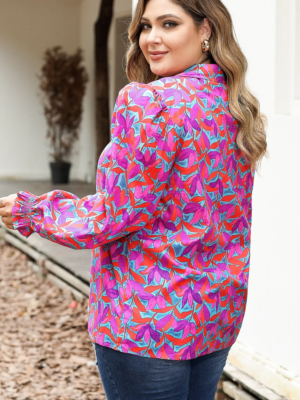 Floral Fantasy Plus Size Ruffled Puff Sleeve Blouse