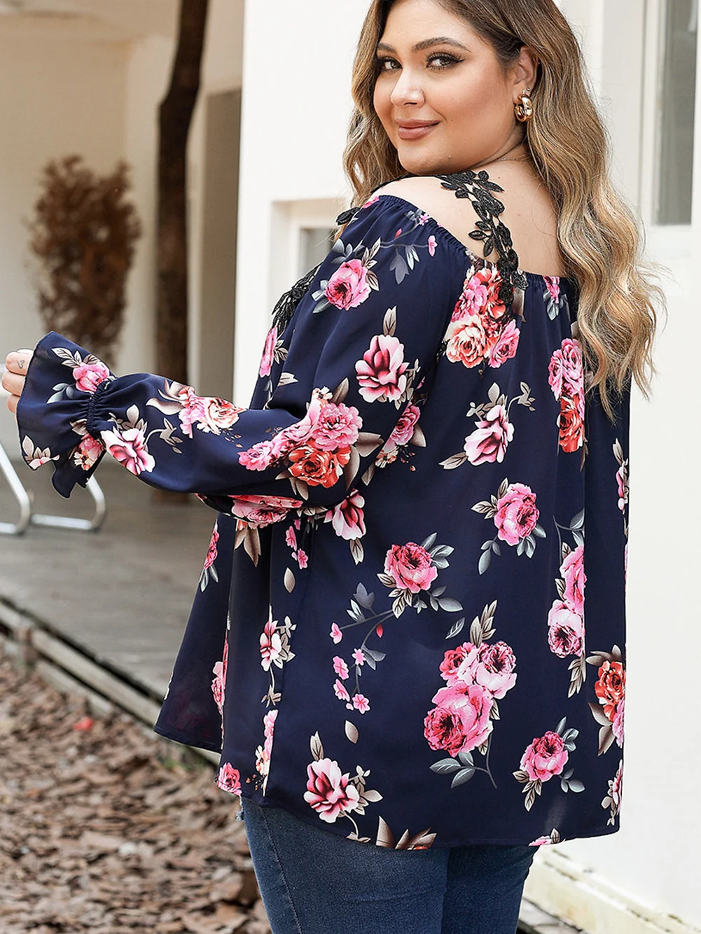 Navy Blue Floral Crochet Cold Shoulder Plus Size Blouse