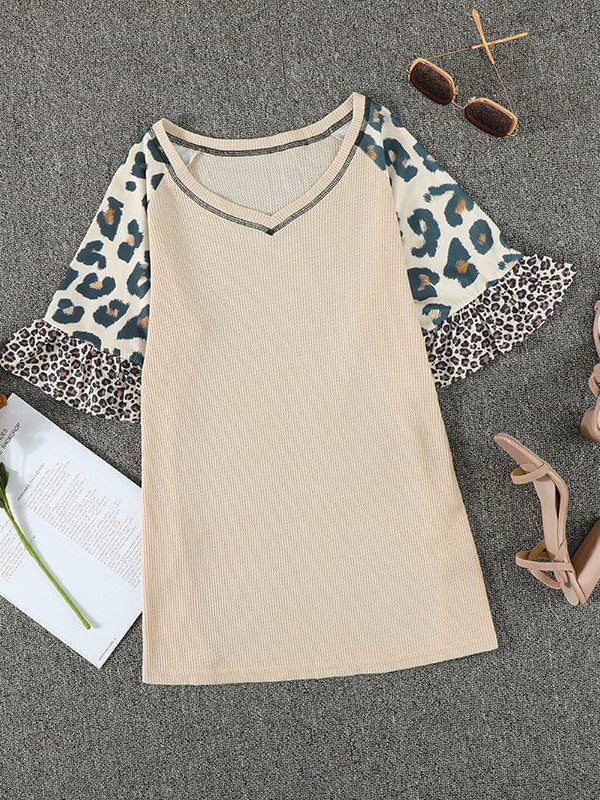 Leopard Print Quarter-Sleeve V-Neck Pullover With Solid Color Stitching Top