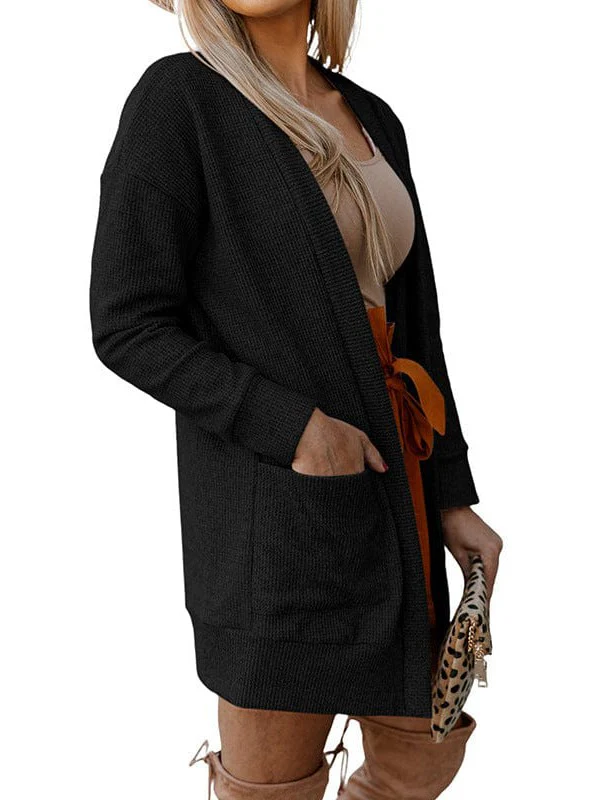 Solid Color Waffle Knit Long Sleeve Cardigan For Women