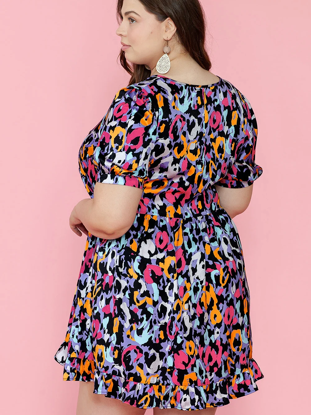 Purple Leopard Print V-Neck Plus Size Mini Dress with Ruffle Detail