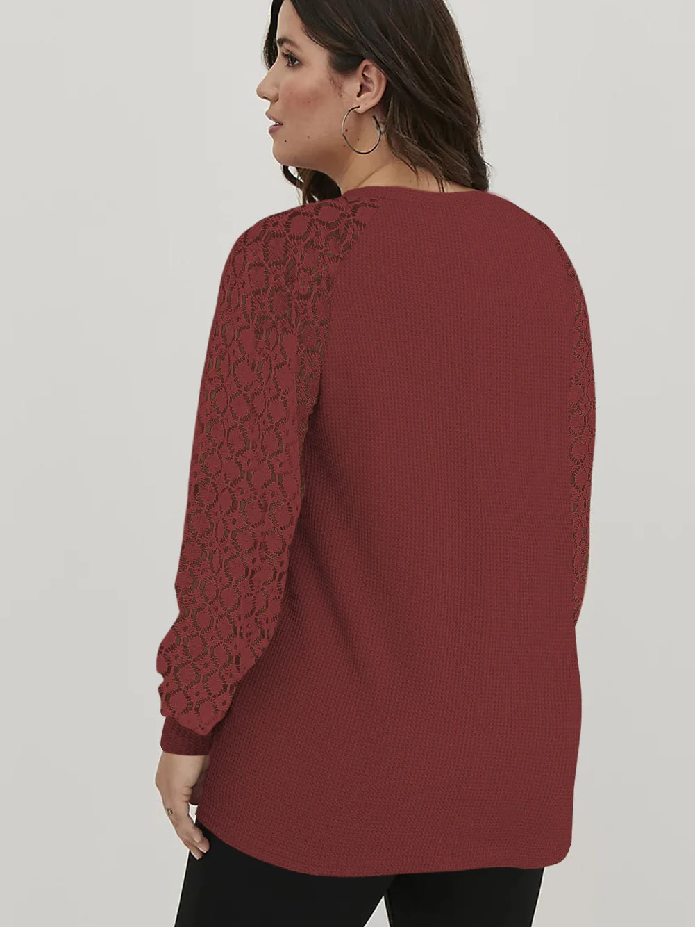 Red Plus Size Contrast Lace Sleeve Waffle Knit Top