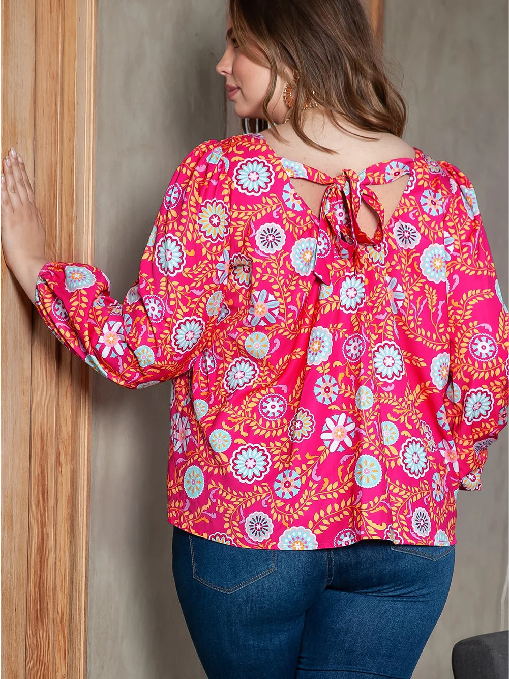 Pink Floral Square Neck Plus Size Blouse