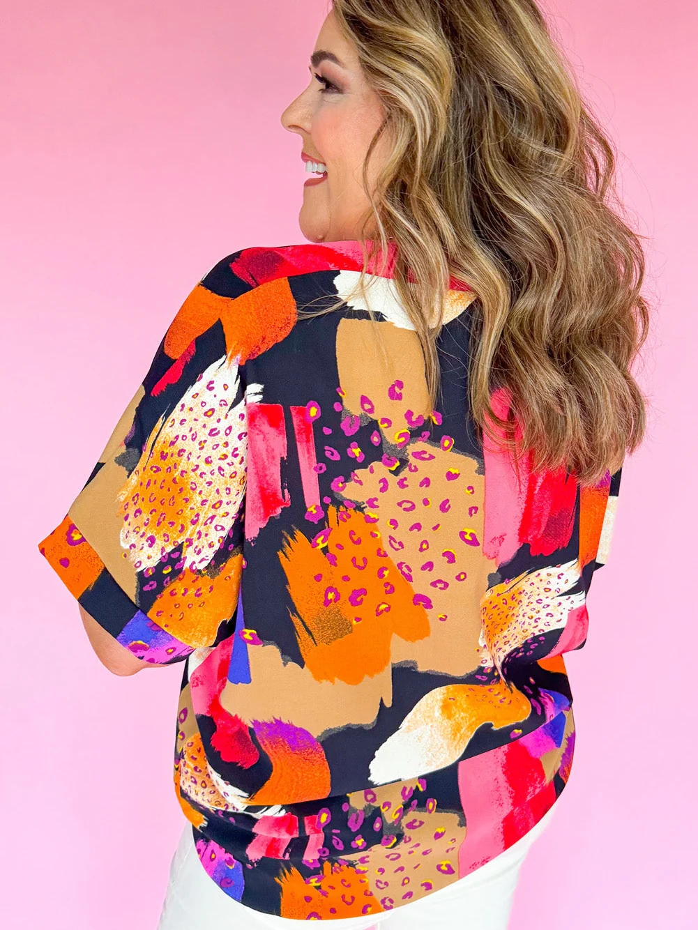 Multicolour Abstract Print V Neck Shift Plus Size Blouse