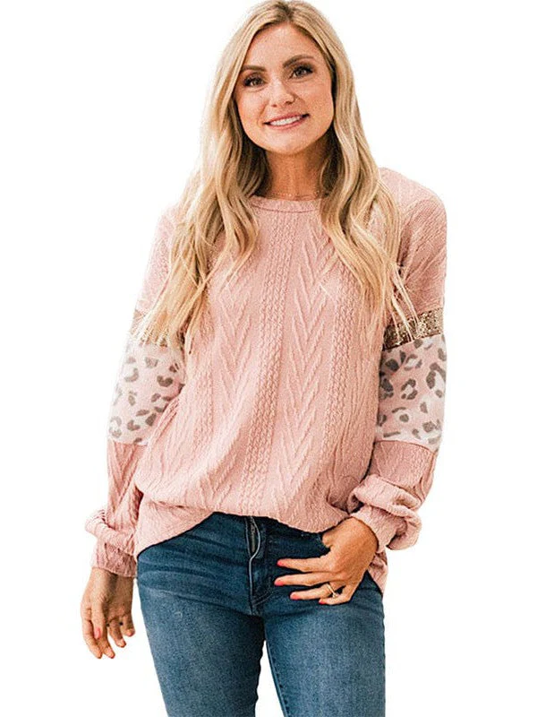 Women'S Leopard Print Knitted Pullover Sweater With Round Neck