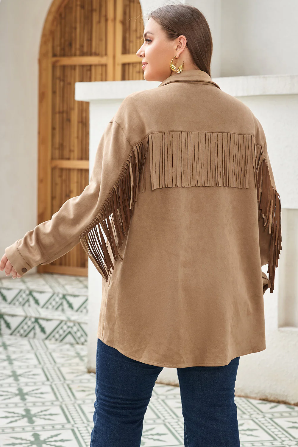Khaki Suede Shacket with Fringe Detail for Plus Size Women