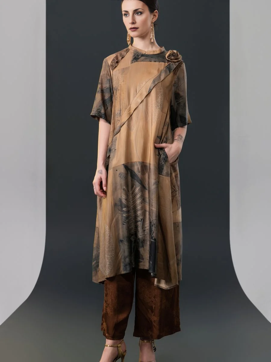 Layered Earth Tones Two-Piece Set with Floral Accent