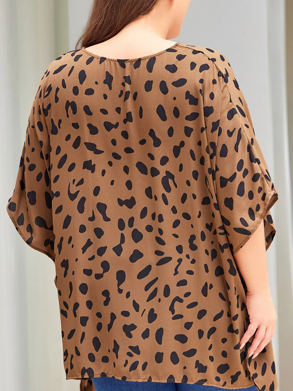 Leopard Print Batwing Sleeve Plus Size Tunic Top