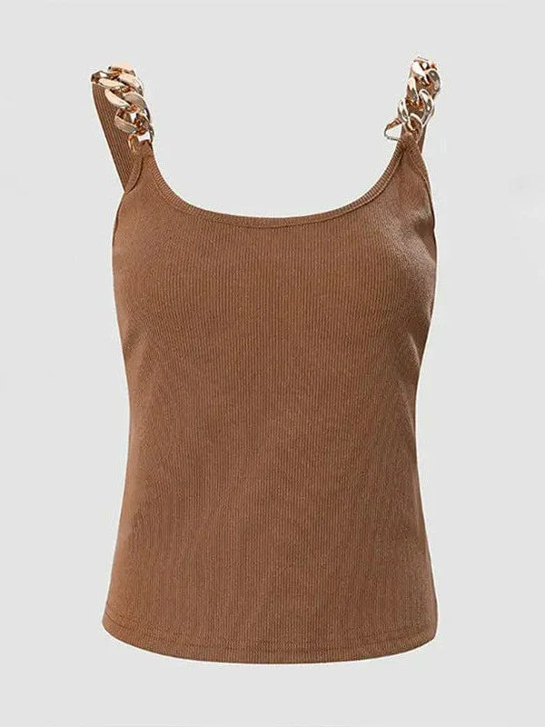 Seductive Women'S Dark Brown Pullover Top With Metal Chain Knitted Detail