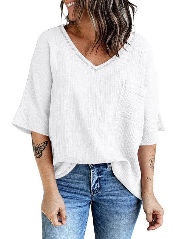 Women'S Casual Cotton V-Neck Pullover Shirt With Solid Color Half Sleeves