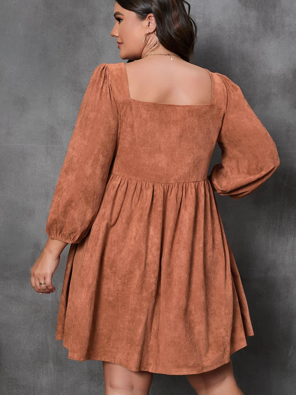 Chestnut Plus Size Suede Square Neck Balloon Sleeve Dress