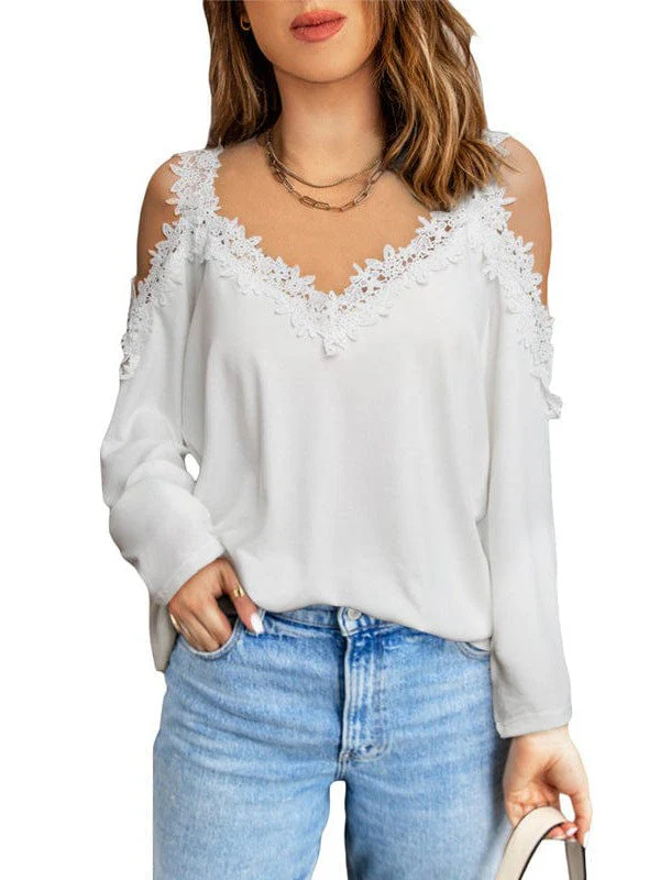 Lace Trim Cold Shoulder Chain Strap Top