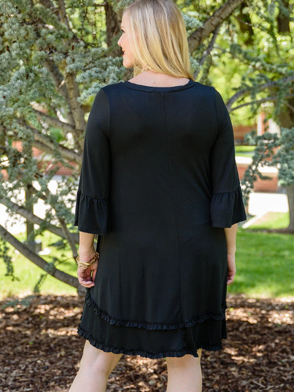 Black Plus Size Ruffled Trim 3/4 Sleeve Dress