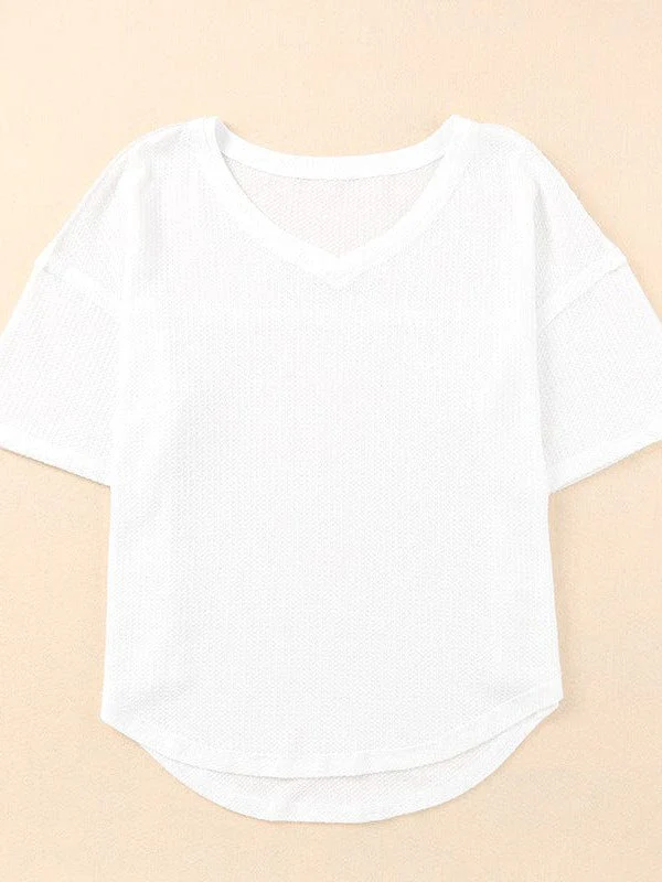 Womens Loose Waffle Knit Quarter-Sleeve Pullover T-Shirt