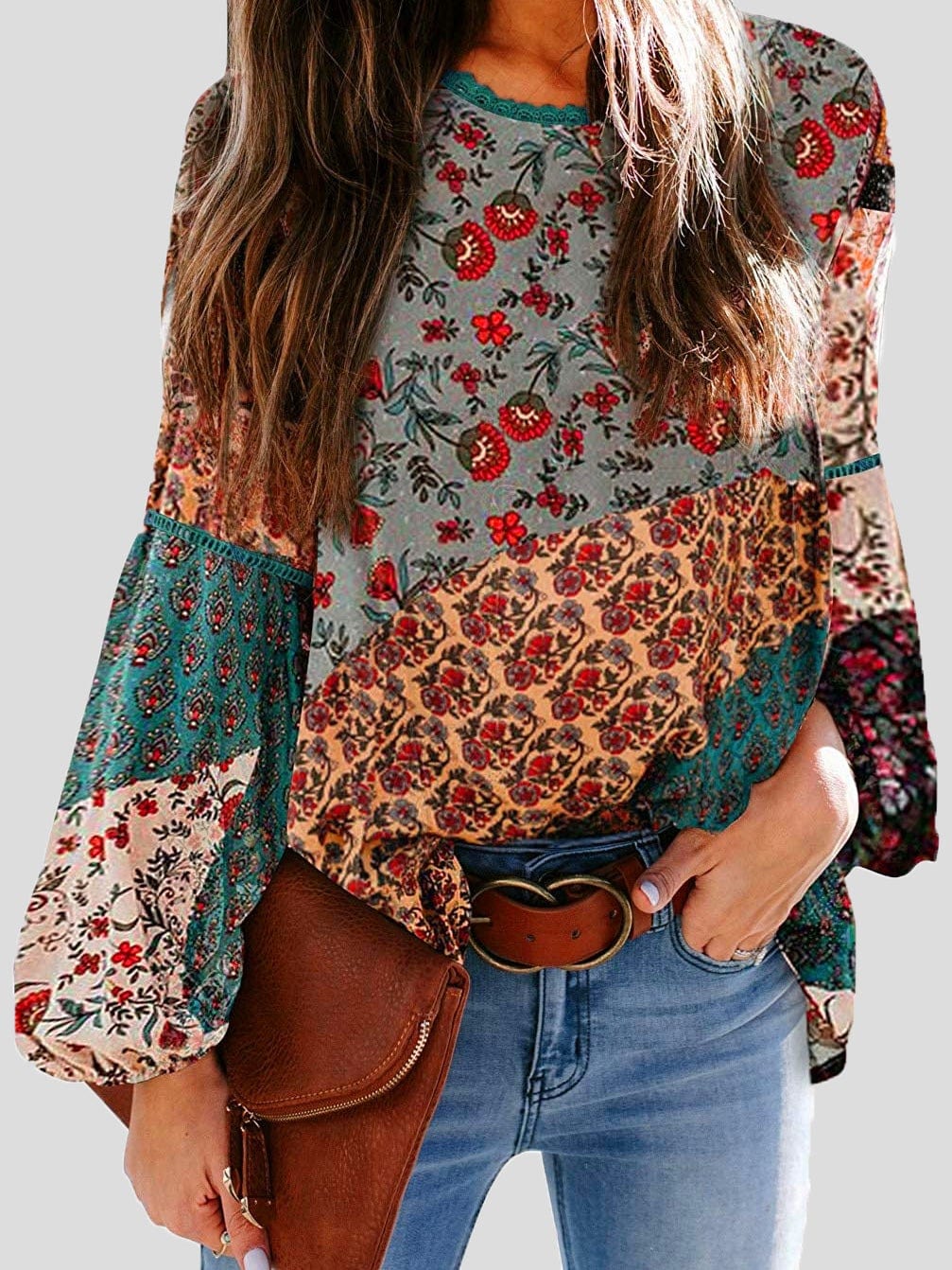 Bohemian Printed Bubble Long Sleeve Blouse