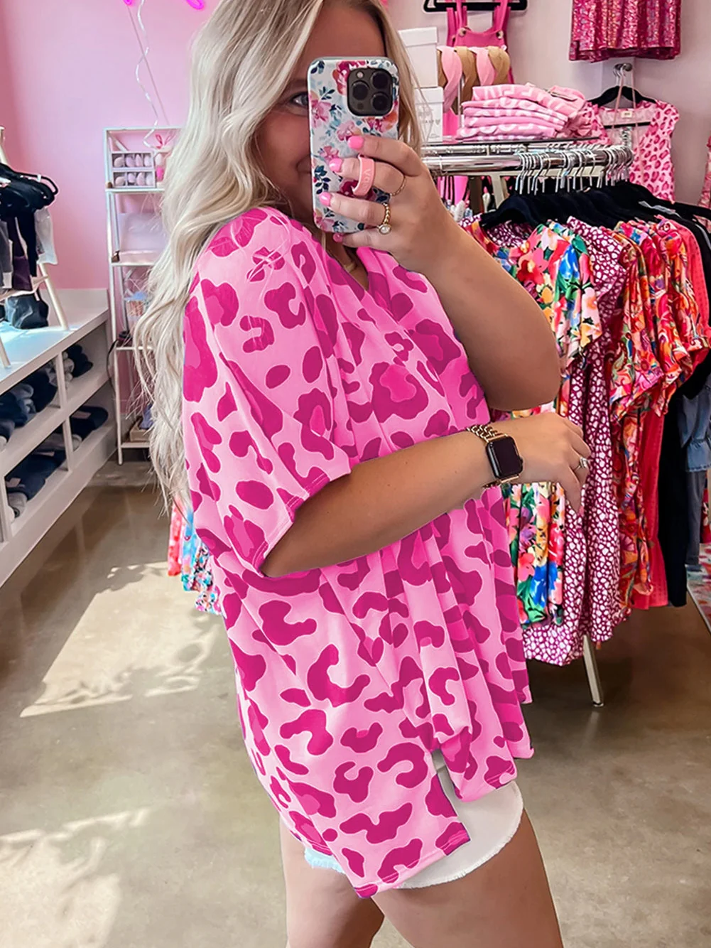 Floral Leopard Print Oversized V-Neck Plus Size T-Shirt