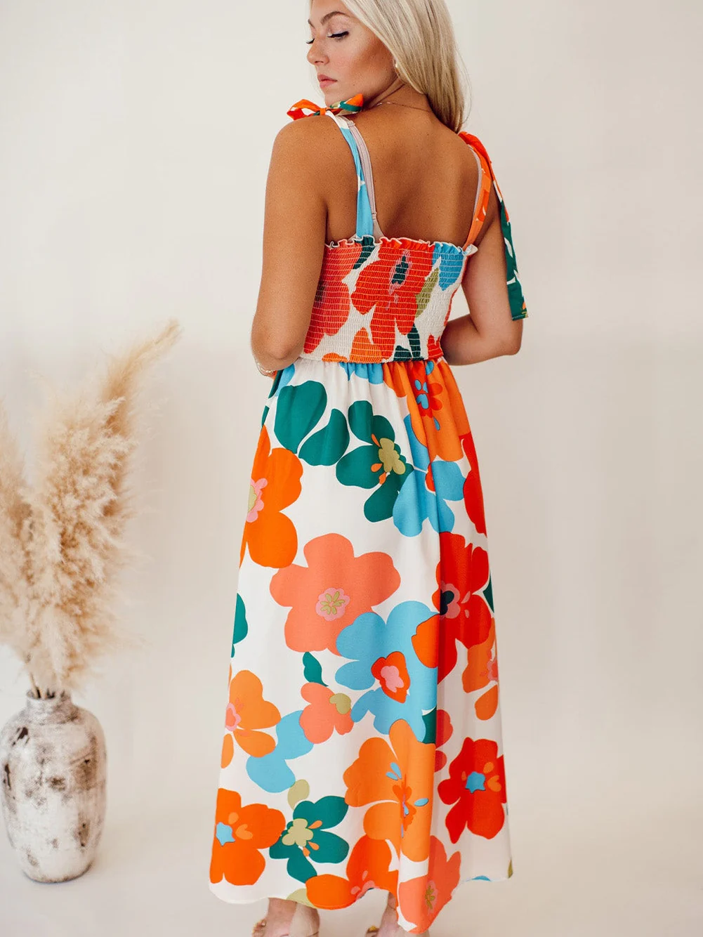 Smocked Floral Print Plus Size White Jumpsuit with Wide Leg