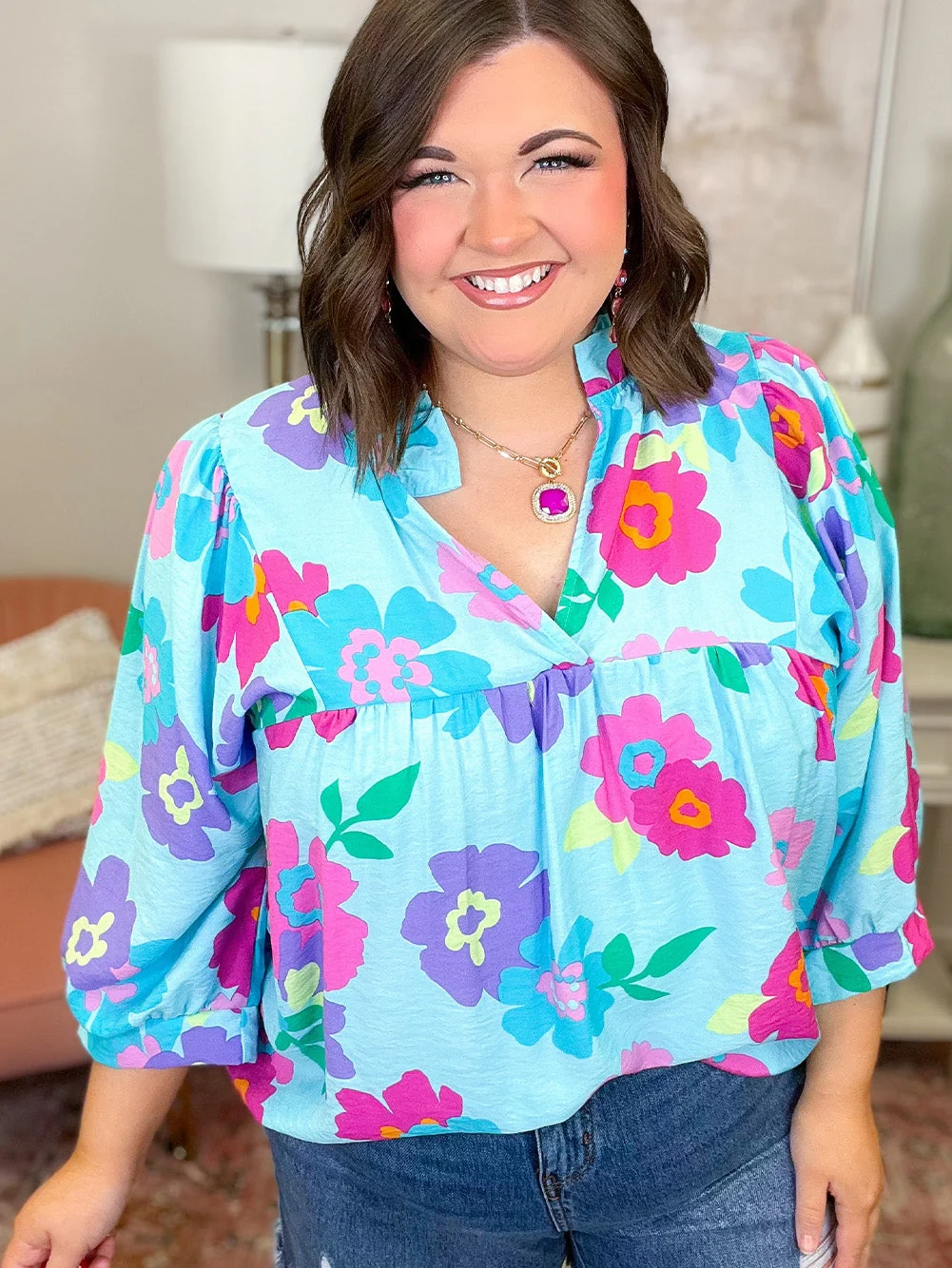 Light Blue Floral Babydoll Blouse for Plus Size Women