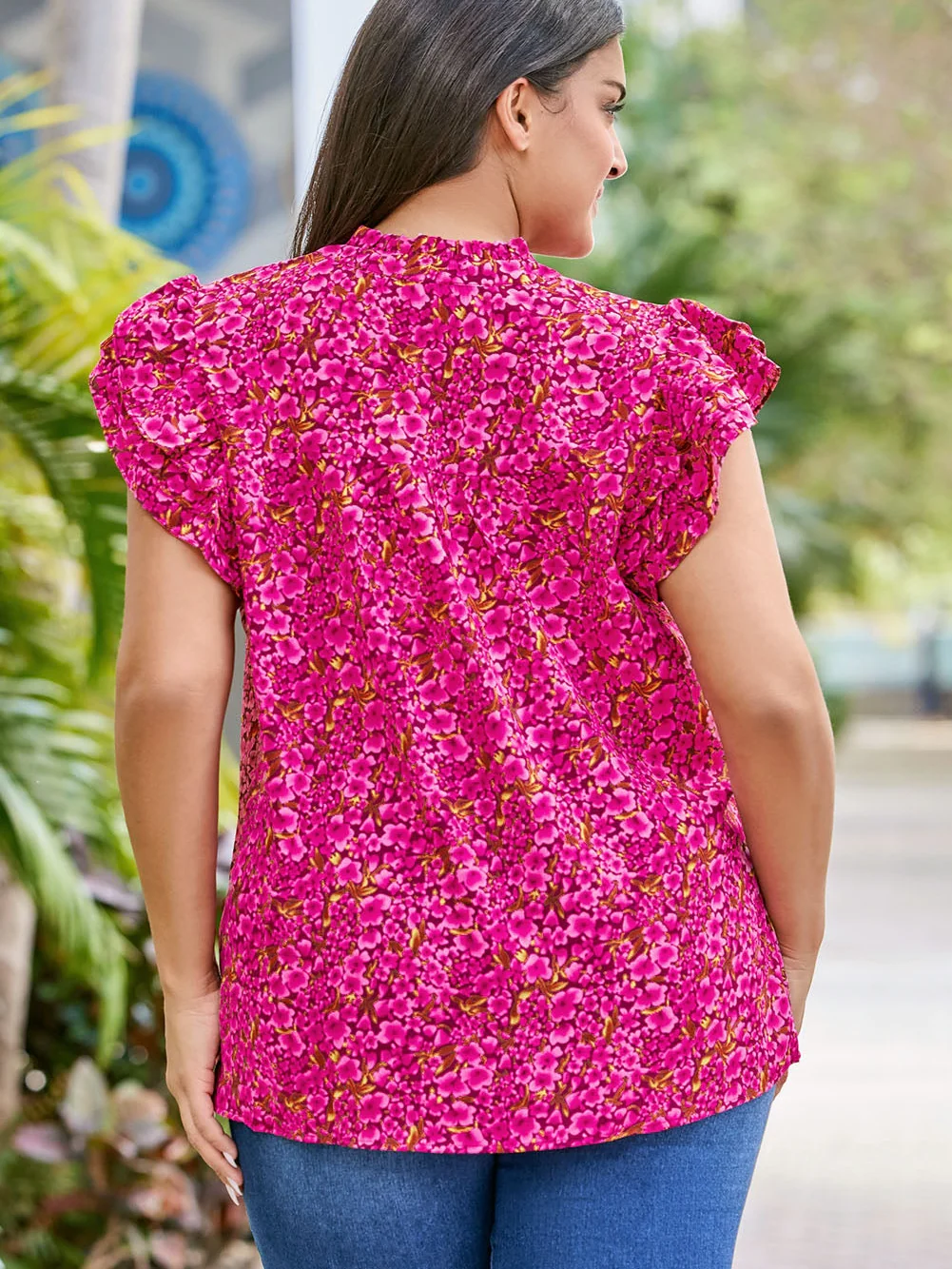 Rose Floral Print Ruffle Sleeve Plus Size Shift Top