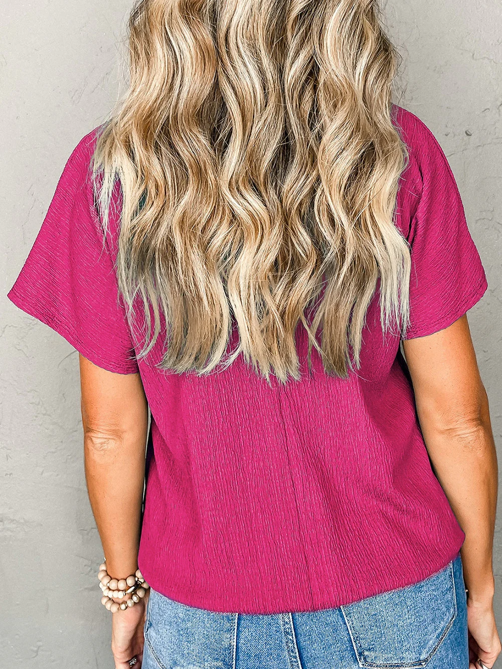 Bubble Hem Bright Pink V Neck Plus Size Top