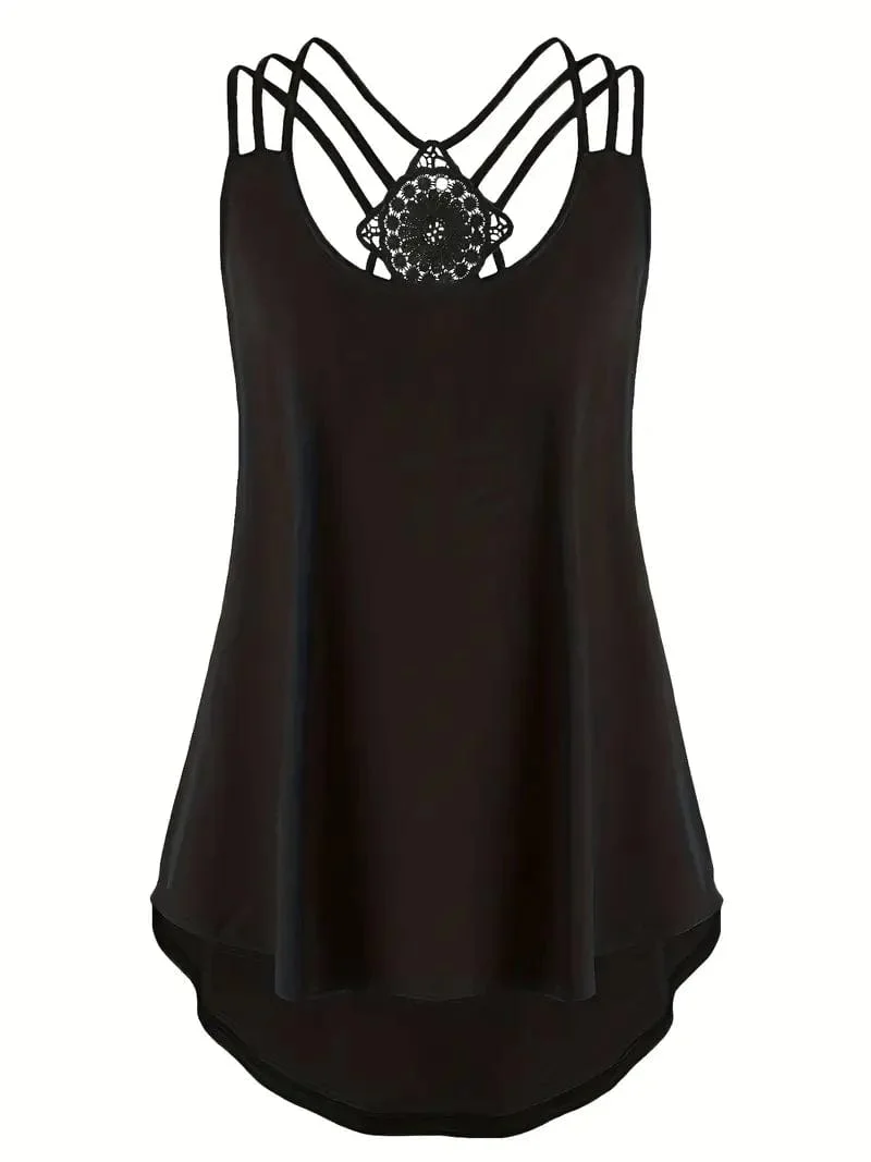 Plus Size Solid Contrast Lace Criss Cross Cami Top, Women's Plus Slight Stretch Casual Top