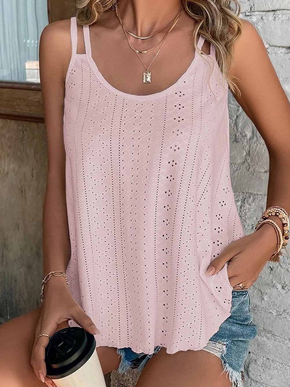 Tops Pleated Hollow Square Neck Sleeveless Tank Top