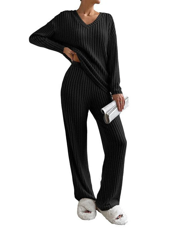 Women'S Solid Color V-Neck Suit With Long Sleeves And Straight Trousers