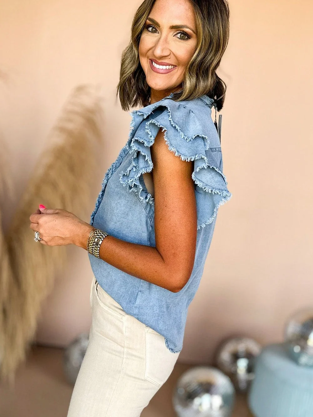 Dusk Blue Plus Size Ruffled Sleeve Button Up Frayed Denim Top