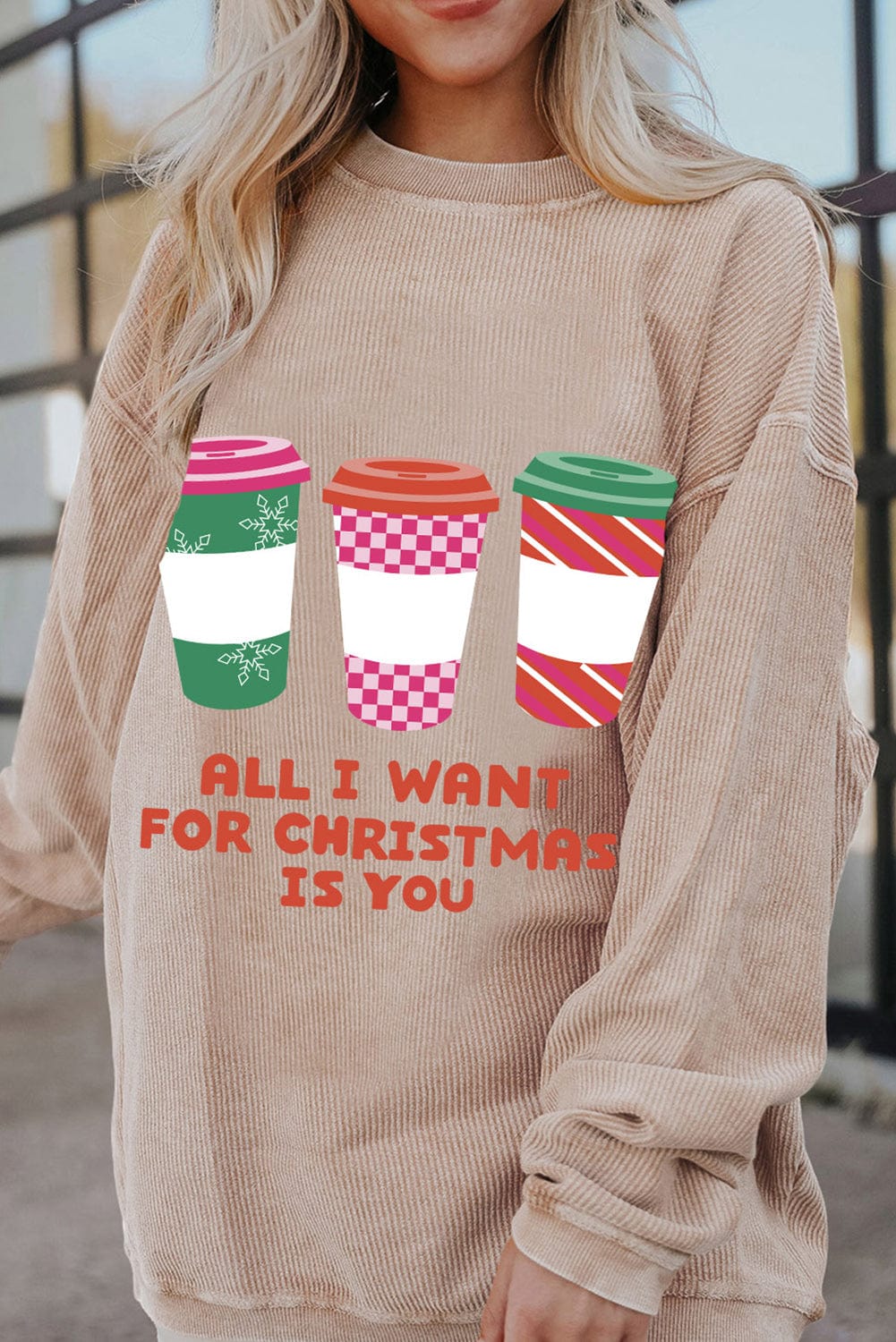 Christmas Cheer Apricot Ribbed Sweater with Slogan Print