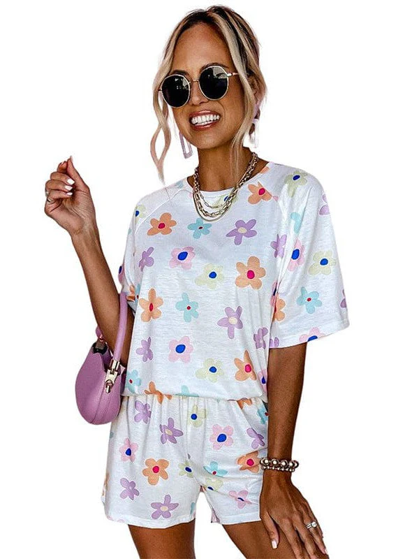 Women'S Floral Print Casual Two-Piece Set With High-Waisted Shorts