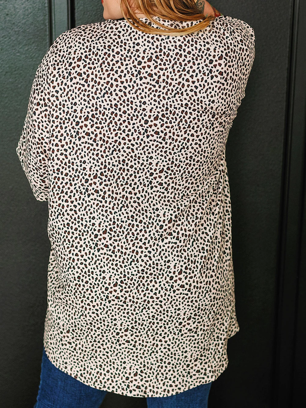 Leopard Print Khaki Plus Size Open Front Cardigan with Half Sleeves