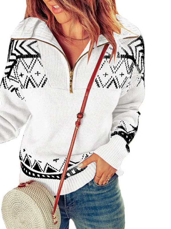 Loose Fit Geometric Stand Collar Sweater With Zipper Detail For Women