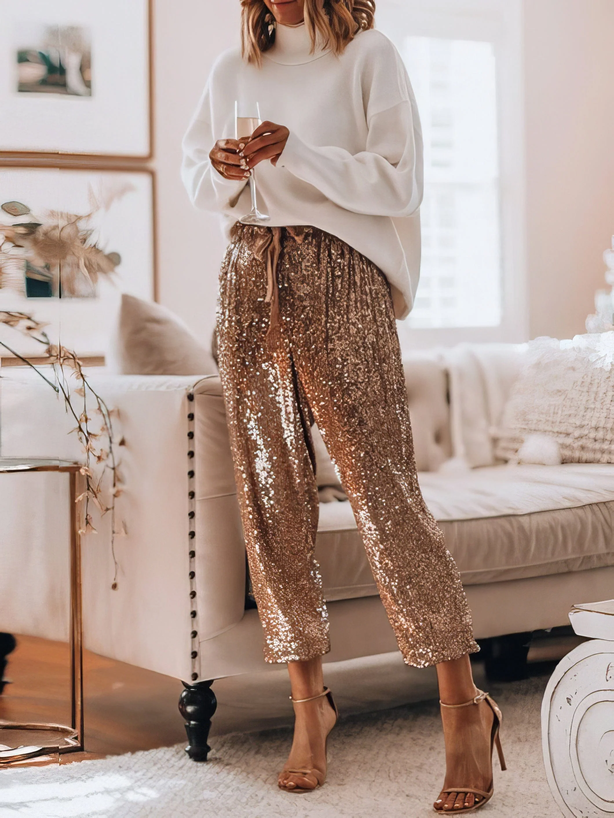 Sequined Drawstring High Waisted Leggings Slacks