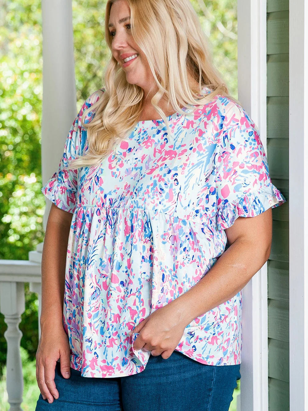 Purple Vibrant Botanical Print Frill Short Sleeve Plus Size Top